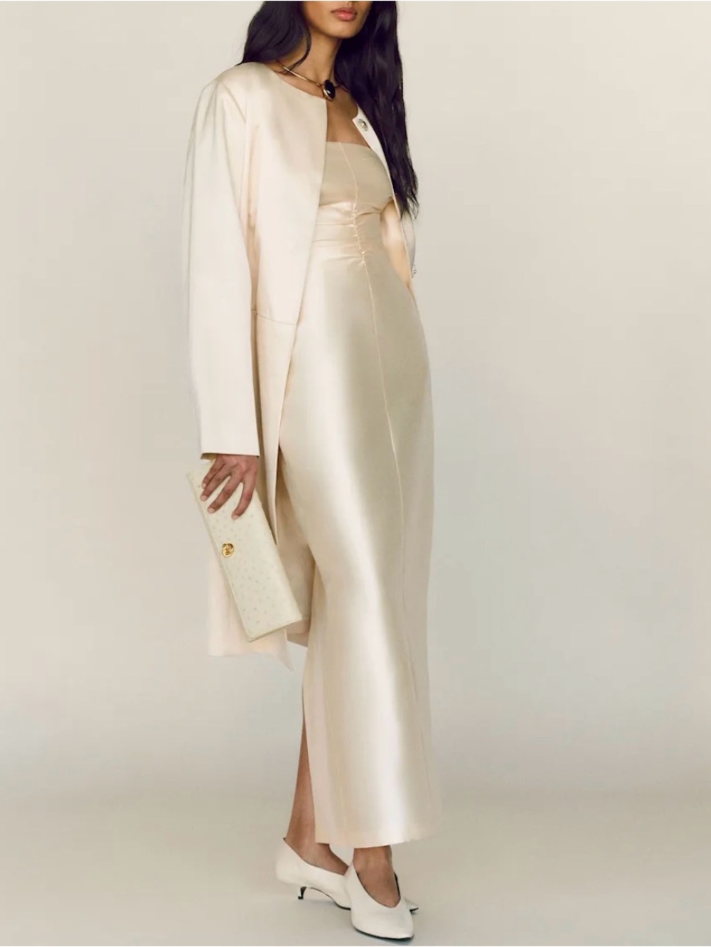 Reformation Cream Satin Midi Dress